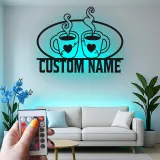 Cartel de metal personalizado con luz LED para pareja de tazas de café, regalo personalizado para cocina o decoración de café