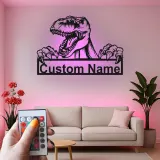 Custom T-Rex Led Light Metal Wall Art Personalized Dinosaur Gift for Kids Unique Bedroom Decor