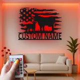 Personalisierte Kuh-und-Kalb LED-beleuchtete Metall-Wandkunst mit amerikanischer Flagge – Landhausgeschenk für Landwirte, rustikale Wohndeko 1