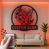 Décoration murale en métal personnalisée Papillon et Fleurs avec Rétroéclairage LED Cadeau pour Amateurs de Nature Décor de Chambre ou de Jardin
