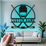 Cartel LED personalizado de jugador de hockey | Decoración mural de metal personalizada | Regalo deportivo para habitación infantil y cueva masculina