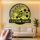 Custom Bee and Flowers Led Light Metal Wall Art Personalized Gift for Nature Lovers Garden or Living Room Decor