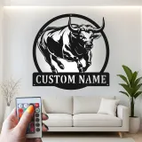 Personalisierte LED-beleuchtete Metall-Wandkunst mit Stier für Ranchbesitzer – Rustikaler Landhausstil