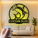 Cartel personalizado de tiburón martillo | Arte mural LED de metal personalizado | Decoración de depredador oceánico para cueva del hombre u oficina | Regalo para pescador