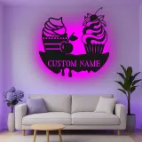 Décoration murale en métal personnalisée avec éclairage LED de cupcake - Décor de cuisine - Cadeau sucré pour les boulangers