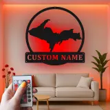 Cartel de metal personalizado con luz LED de la Península Superior, regalo personalizado de Michigan, decoración para la sala de estar o la oficina