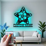 Cartel Personalizado de Hibisco y Estrella de Mar | Arte de Metal de Pared Personalizado con LED | Decoración de Casa de Playa Costera y Carteles para Salones