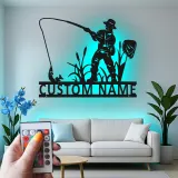 Cartel de pesca personalizado con LED | Arte mural de metal con nombre personalizado | Decoración rústica de casa de campo y regalo para pescador