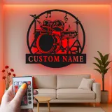 Décoration murale en métal LED personnalisée pour batteur - Cadeau musicien - Décor de salle de musique