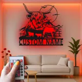 Highland Cow Metal Wall Art | Custom LED Sign for Farmhouse Decor | Personalized Ranch Home Gift for Cow Lovers