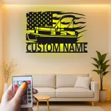 Plaque en métal personnalisée pour bateau ponton | Décoration murale avec drapeau américain LED | Décor de maison au bord du lac personnalisé | Cadeau nautique