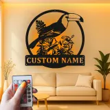Custom Toucan Metal Sign | Personalized LED Wall Art with Hibiscus | Tropical Patio & Nursery Decor | Exotic Bird Lover Gift