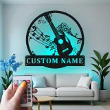 Décoration murale en métal LED guitare personnalisée | Enseigne musicien avec nom | Déco de salle de musique et studio