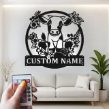 Insegna in metallo LED personalizzata con mucca e fiori - Regalo per fattoria - Decorazione rustica per cucina