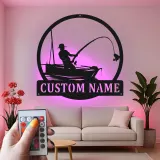 Insegna da pesca personalizzata con LED | Insegna in metallo personalizzata con pescatore | Decorazione per casa al lago e regalo per pescatori