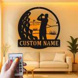 Panneau métallique personnalisé pour golfeur | Décoration LED avec prénom | Cadeau pour amateur de golf | Déco de man cave et bar à domicile