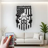 Personalized Firefighter LED Sign | Custom Fireman Metal Wall Art | Patriotic American Flag Decor for Home & Fire Station