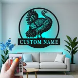 Décoration murale en métal LED personnalisée avec dinde - Cadeau pour chasseurs, décoration de ferme rustique