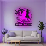 Insegna in metallo personalizzata con ballerina hula hawaiana e luce LED, regalo decorativo per interni tropicali