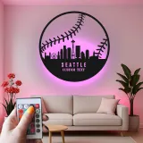 Seattle Skyline Baseball Sign | LED Metal Wall Art for Man Cave | Custom Sports Fan Gift