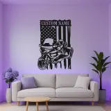 Art Métal LED Moto Personnalisé | Panneau Biker Drapeau Américain | Décor de Garage & Man Cave | Cadeau Unique pour Motard