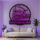 Décoration murale en métal personnalisée de train à vapeur avec rétroéclairage LED - Cadeau pour passionnés de trains, décoration pour man cave ou bureau