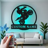 Arte mural de metal LED personalizado de motocicleta | Señal de nombre personalizada para stunt rider | Decoración de garaje de biker y regalo para él