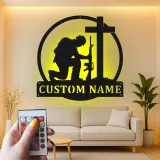 Kneeling Soldier Memorial Sign | Personalized Military LED Metal Art | Custom Veteran Name Plaque | Patriotic Wall Decor