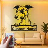Cartel personalizado con nombre de galgo | Decoración mural de metal con LED | Decoración personalizada para mascotas en la entrada | Regalo para amantes de los perros