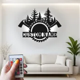 Cartel de hachas cruzadas personalizado | Arte mural LED de sierra circular | Decoración de leñador personalizada | Regalo para carpinteros | Cartel de cabaña rústica
