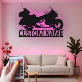 Personalized Motorcycle Metal Wall Art | Custom Biker Name Sign with LED | Touring Bike Garage Decor for Rider