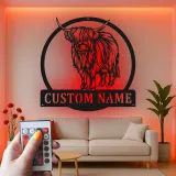 Décoration murale LED en métal Highland Cow | Enseigne ferme personnalisée | Cadeau déco rustique sur mesure pour amoureux des vaches