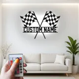 Custom LED Racing Flags Sign | Personalized Metal Garage Decor | Motorsport Wall Art | Premium Racer Gift