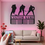 Panneau prénom hockey personnalisé | Décoration murale en métal LED pour salle de jeux | Silhouette de joueur personnalisée | Cadeau pour amateur de sport