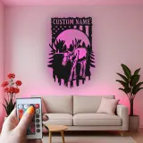 Personalisierte Metall-Wandkunst mit Elch und LED | Individuelles Namensschild mit amerikanischer Flagge | Rustikale Dekoration für Naturfreunde