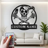 Individuelles Skull Painter Schild | Personalisiertes LED Metallschild für Studio | Gothic Wanddekoration für Künstler | Überkreuzte Pinsel- & Farbroller-Logo