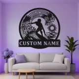 Personalized Surfer Light Metal Wall Art | Custom Name Sign for Beach House Decor | Coastal Surfing Gift