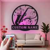 Panneau LED Personnalisé Saxophone | Décoration Murale en Métal pour Studio de Musique | Cadeau Joueur de Jazz | Décor Salle de Groupe