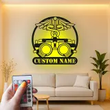 Panneau Optométriste Personnalisé | Décoration murale en métal Phoroptère | Décor de bureau d'ophtalmologiste avec lumière LED | Cadeau logo Caduceus