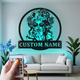 Custom Sugar Skull Metal Sign | LED Day of The Dead Wall Art | Personalized Gothic Home & Salon Decor with Nameplate