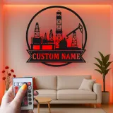 Cartel LED personalizado de torre petrolífera | Arte mural de metal personalizado | Decoración industrial para trabajador del petróleo y regalo para roughneck