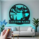 Custom Mountain Metal Sign | LED Backlit Lake Scene Wall Art | Personalized Cabin Decor | Rustic Nature Lover Gift