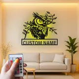 Arte murale LED in metallo con gufo reale | Insegna personalizzata con nome per amanti della natura | Decorazione realistica con silhouette di uccello selvatico