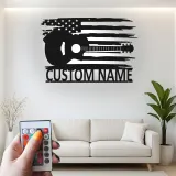 Insegna in metallo Chitarra e bandiera americana | Arte murale LED personalizzata per musicisti | Decorazione patriottica per casa e studio