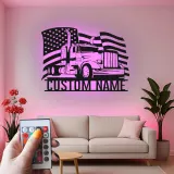 Panneau Trucker Personnalisé | Art Murale Métal Drapeau Américain LED | Cadeau Personnalisé pour Conducteur de Camion Semi | Décor Man Cave