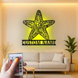 Insegna in metallo LED a forma di stella marina personalizzata | Arte murale oceanica personalizzata | Decorazione costiera per casa al mare e saloni | Targa ornata con nome