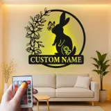 Personalized Rabbit Name Sign | LED Metal Wall Art for Nursery | Bunny & Butterfly Light | Baby Shower Gift