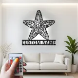 Insegna in metallo LED a forma di stella marina personalizzata | Arte murale oceanica personalizzata | Decorazione costiera per casa al mare e saloni | Targa ornata con nome