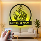 Plaque prénom renard personnalisée | Décoration murale LED en métal pour chambre d’enfant | Déco animalière forêt | Veilleuse pour chambre d’enfant