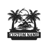 Insegna in Metallo Personalizzata per Surfer con LED | Plaque con Nome per Casa al Mare | Arte Murale con Onde Oceaniche e Palme Tropicali